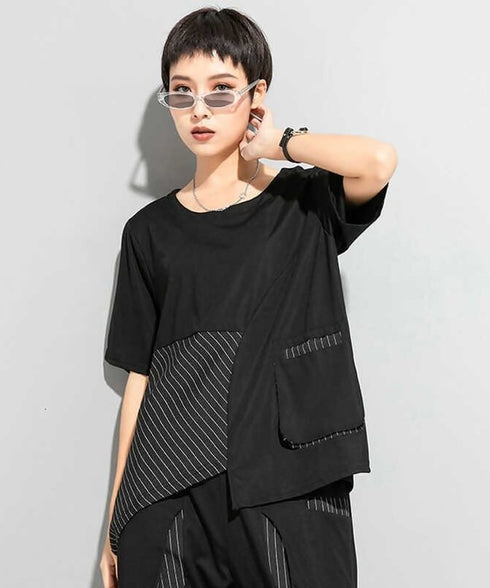Asymmetric Stripe Panel Pocket Top